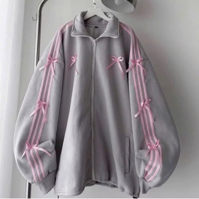 Áo khoác nỉ cổ bẻ ba sọc có nơ