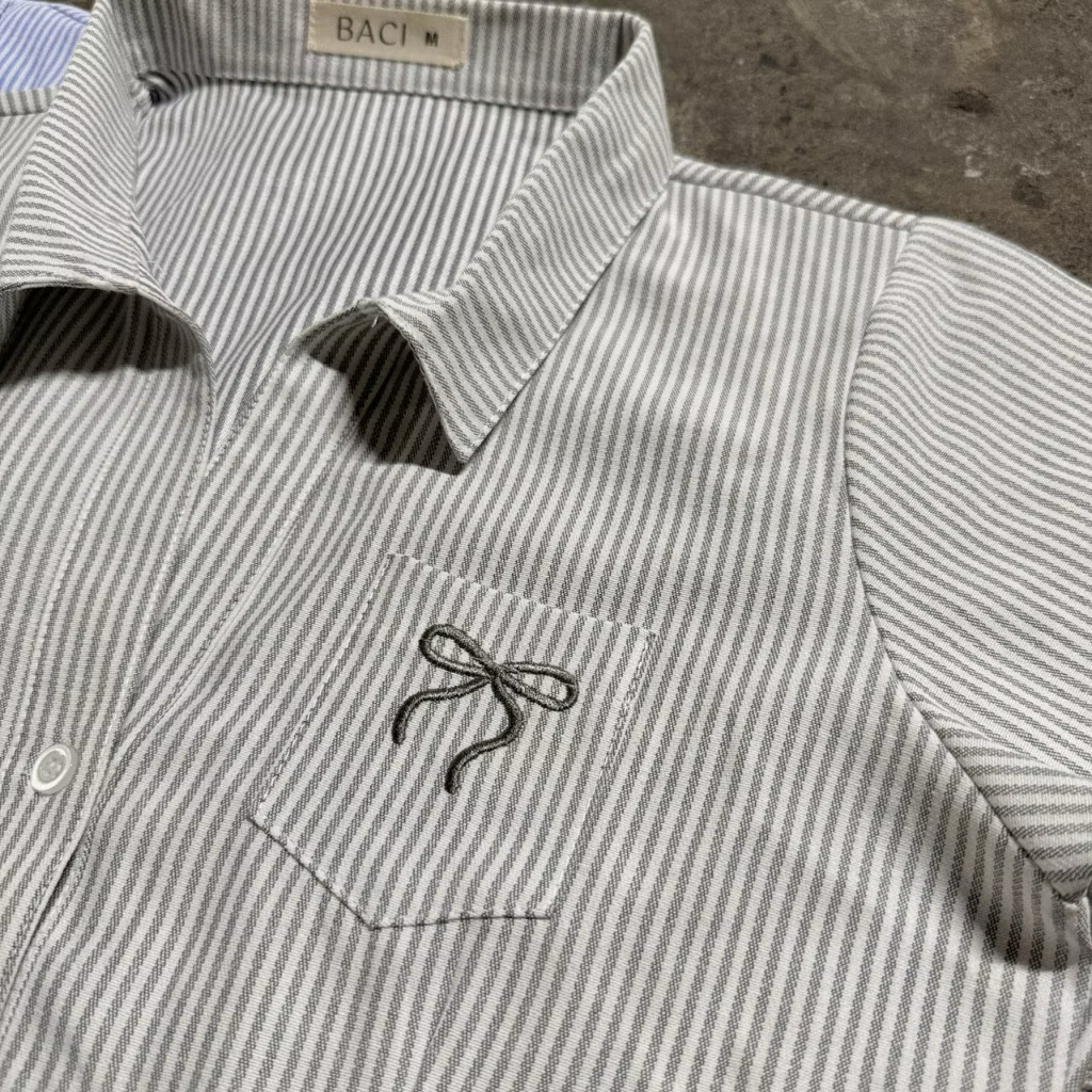 Áo sơ mi kẻ sọc tay ngắn nơ cột eo