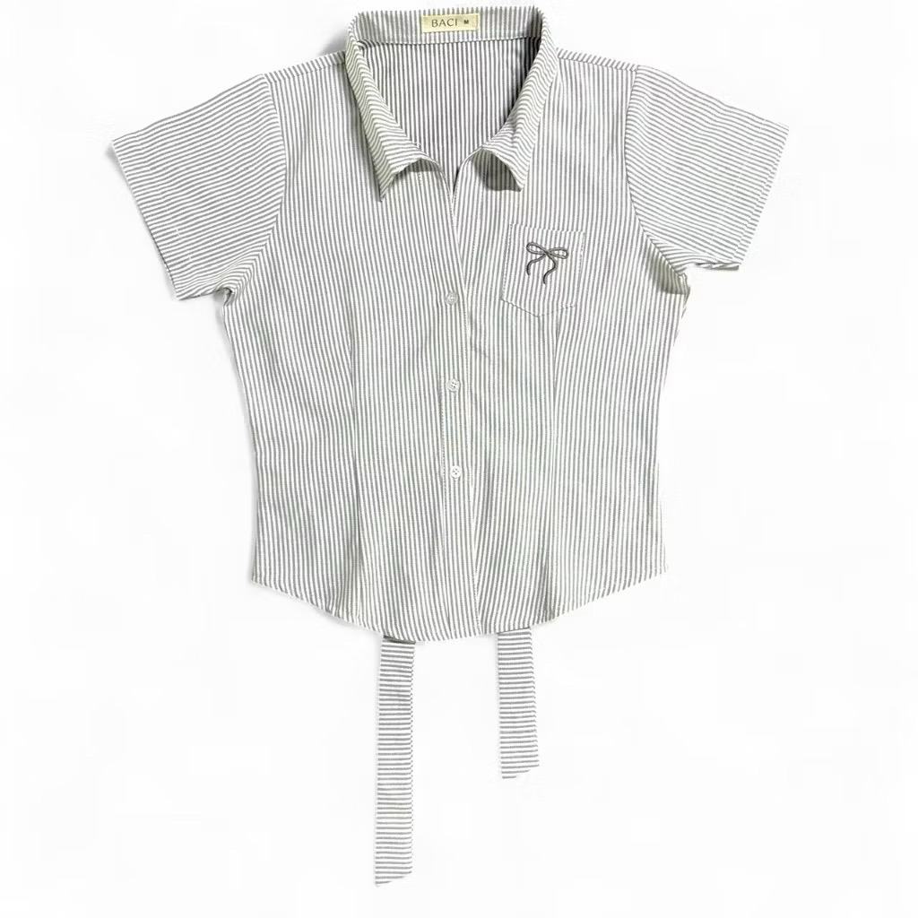 Áo sơ mi kẻ sọc tay ngắn nơ cột eo - Hình ảnh 2