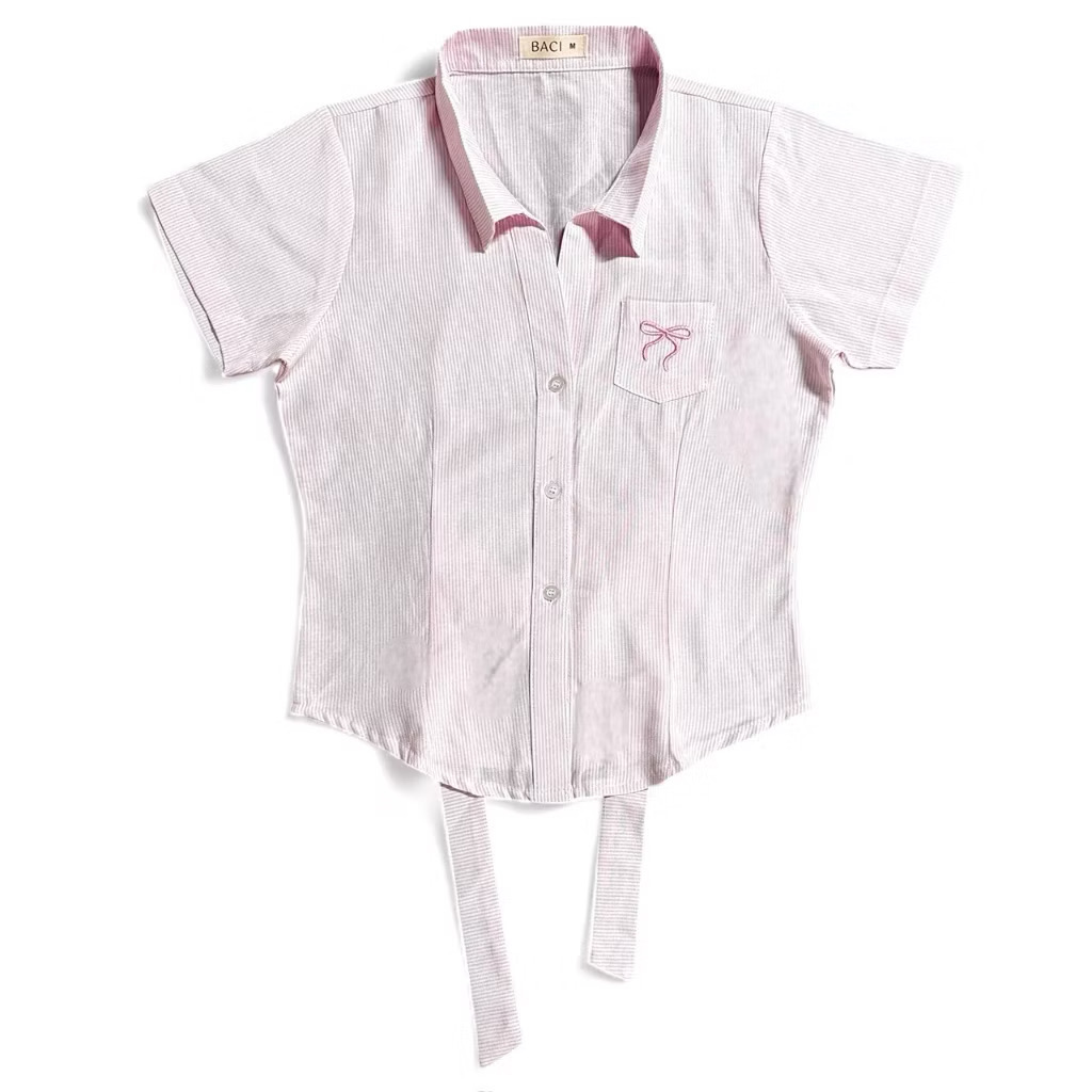 Áo sơ mi kẻ sọc tay ngắn nơ cột eo - Hình ảnh 3