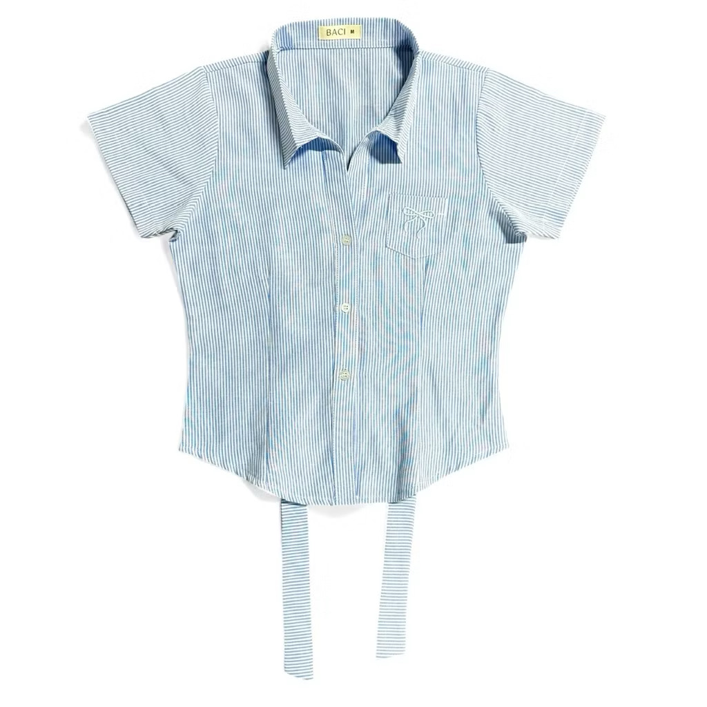 Áo sơ mi kẻ sọc tay ngắn nơ cột eo - Hình ảnh 4