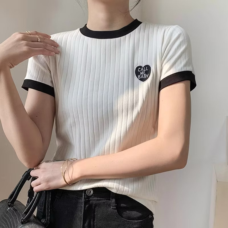 Áo thun nữ baby tee dệt kim tay ngắn cổ tròn - Hình ảnh 4