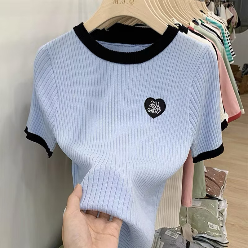 Áo thun nữ baby tee dệt kim tay ngắn cổ tròn - Hình ảnh 2