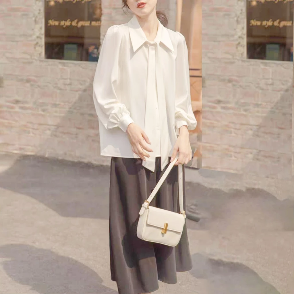 Áo sơ mi trắng nữ thắt nơ dài tay - Hình ảnh 2