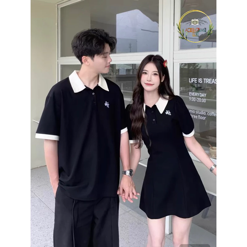 Váy-Áo thun đôi nam nữ cổ trắng