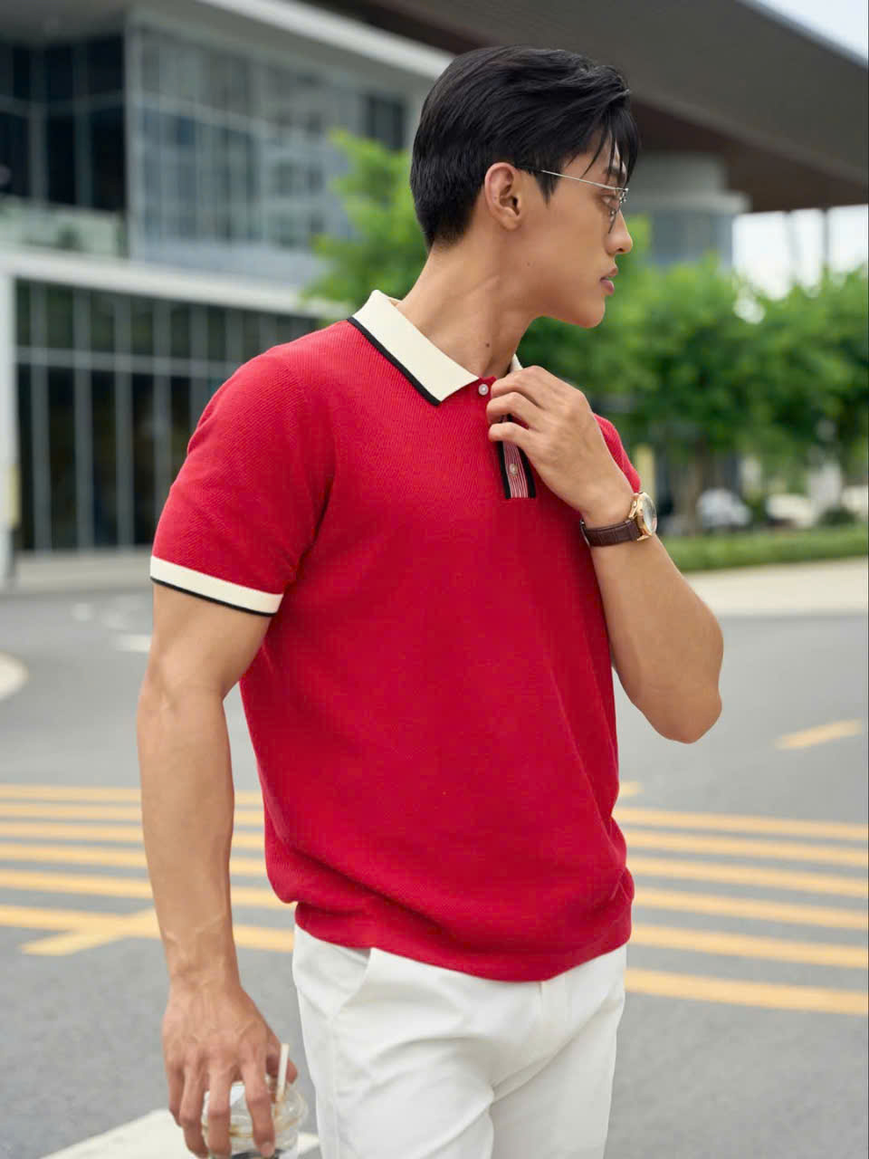 Áo Thun Polo Nam Dệt Kim Cao Cấp Đỏ Phối Bo - Hình ảnh 2